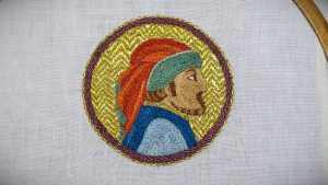 opus anglicanum, embroidered, portrait, goldstickerei, Nadelmalerei, historisch, Mittelalter, medieval, embroidery, mittelalterliche, historische, Stickerei, goldwork, replica, Replik, Sticktechnik, needlepainting, middle ages